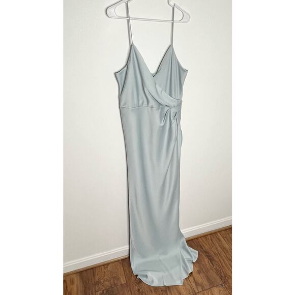 Anthropologie BHLDN Women Satin Freya Maxi Dress Size 14 Light Blue Side Slit - Picture 5 of 16